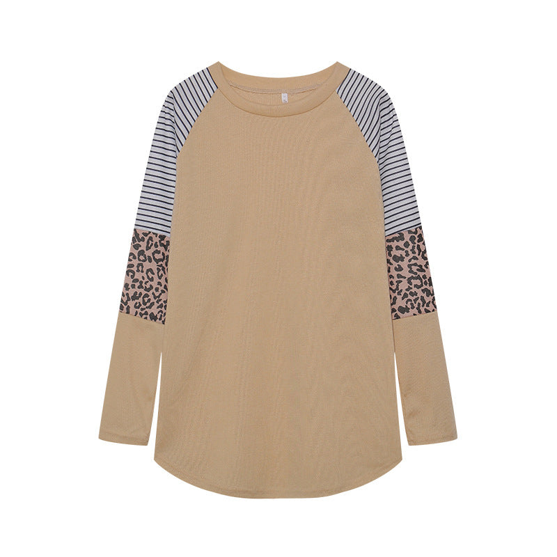 Wholesale Polyester Leopard Print Color Striped Round Neck Long Sleeves